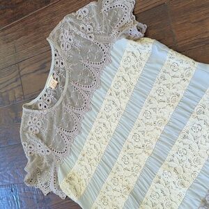 SUNDANCE I Feminine Grey Cream Boho Lace & Ruched Georgette Tunic Top Blouse , M